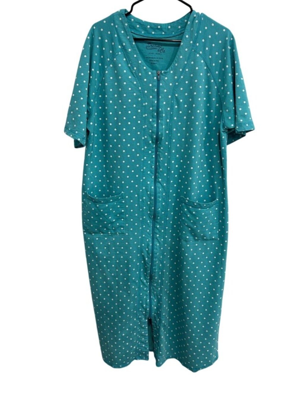 Dreams & Co Large Polka Dot Zip-Front Housecoat Pockets Teal Kitschy Colorful